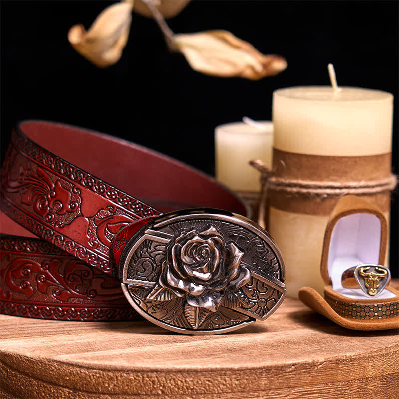 Functional DIY Hidden Knife Belt Buckle Retro Bull Ring Bundle Set  - Rose - Brown Carved Belt - 42 - image 21