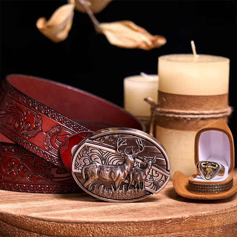 Functional DIY Hidden Knife Belt Buckle Retro Bull Ring Bundle Set  - Dual Deers - Brown Carved Belt - 42 - image 14