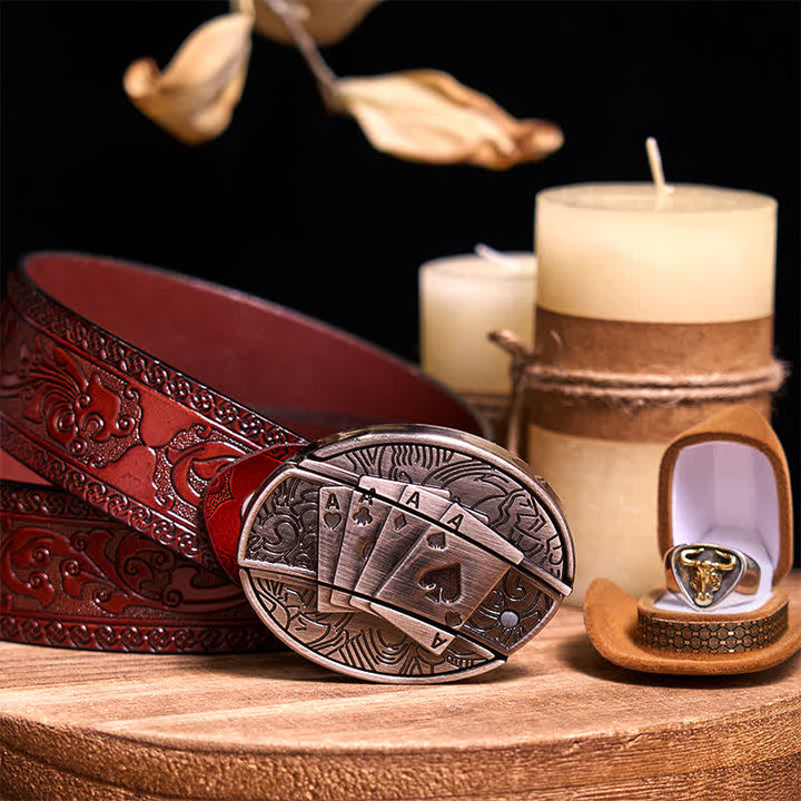Functional DIY Hidden Knife Belt Buckle Retro Bull Ring Bundle Set  - Poker - Brown Carved Belt - 42 - image 49