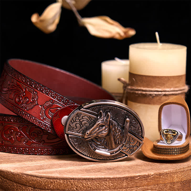 Functional DIY Hidden Knife Belt Buckle Retro Bull Ring Bundle Set  - Horse - Brown Carved Belt - 42 - image 42