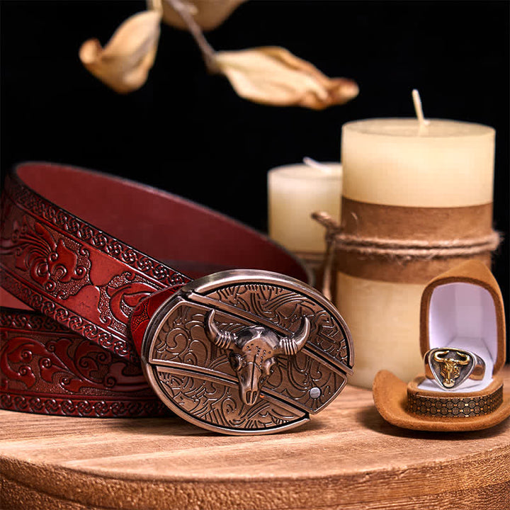 Functional DIY Hidden Knife Belt Buckle Retro Bull Ring Bundle Set  - Bull - Brown Carved Belt - 42 - image 35