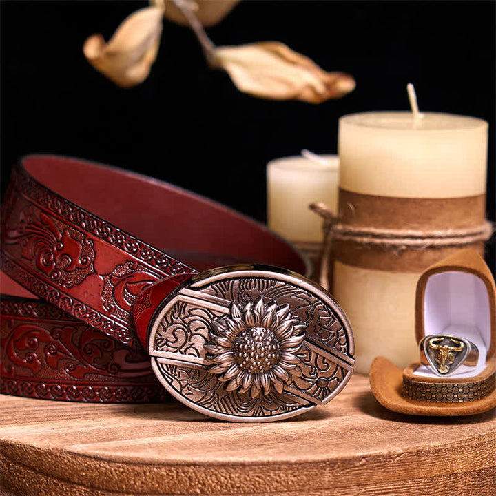 Functional DIY Hidden Knife Belt Buckle Retro Bull Ring Bundle Set  - Sunflower - Brown Carved Belt - 42 - image 7