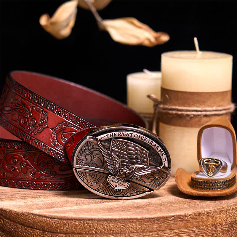 Functional DIY Hidden Knife Belt Buckle Retro Bull Ring Bundle Set  - Eagle - Brown Carved Belt - 42 - image 28