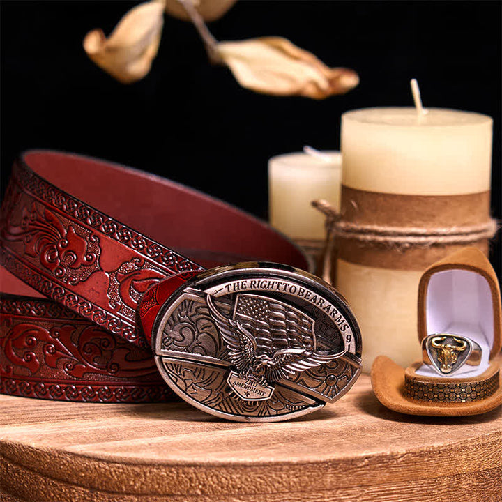 Functional DIY Hidden Knife Belt Buckle Retro Bull Ring Bundle Set  - Eagle - Brown Carved Belt - 42 - image 28