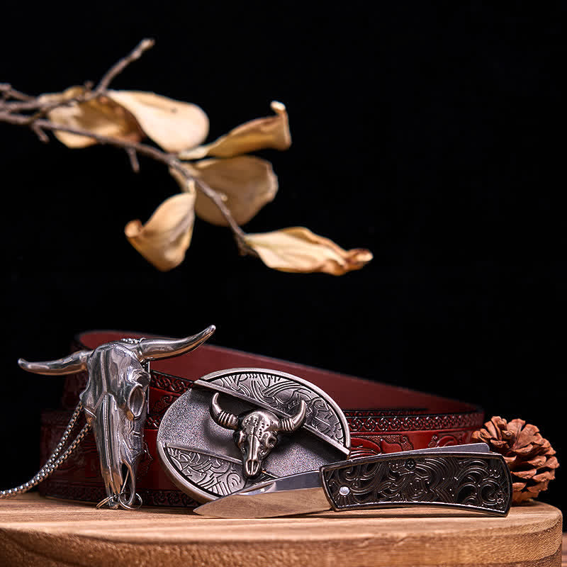 Western Gadget DIY Hidden Knife Buckle Longhorn Bull Pendant Bundle Set  - Bull - Brown Carved Belt - 40 - image 37