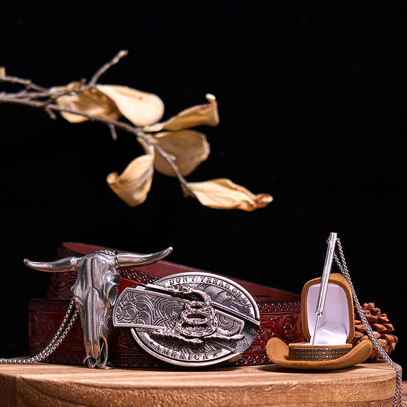 DIY Hidden Knife Snake Buckle Longhorn Bull Pendant Needle Necklace Bundle Set  - 3Pcs - Brown Carved Belt - 42 - image 10