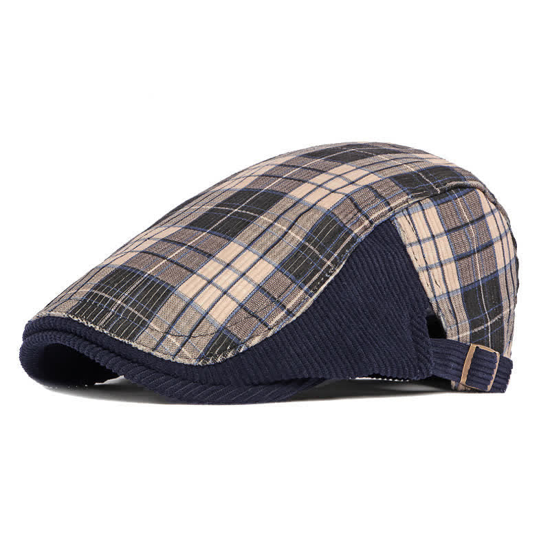 Plaid Corduroy Cotton Duckbill Visor Beret Hat - Navy - Adjustable (21 5/8"-23 5/8") - image 6