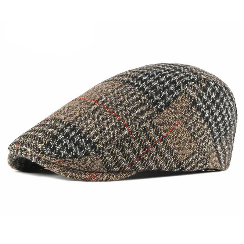 Vintage Striped Plaid Wool Blend Peaked Beret Hat - Khaki - Adjustable (21 1/4"-23 1/4") - image 0