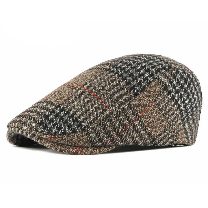 Vintage Striped Plaid Wool Blend Peaked Beret Hat - Khaki - Adjustable (21 1/4"-23 1/4") - image 0