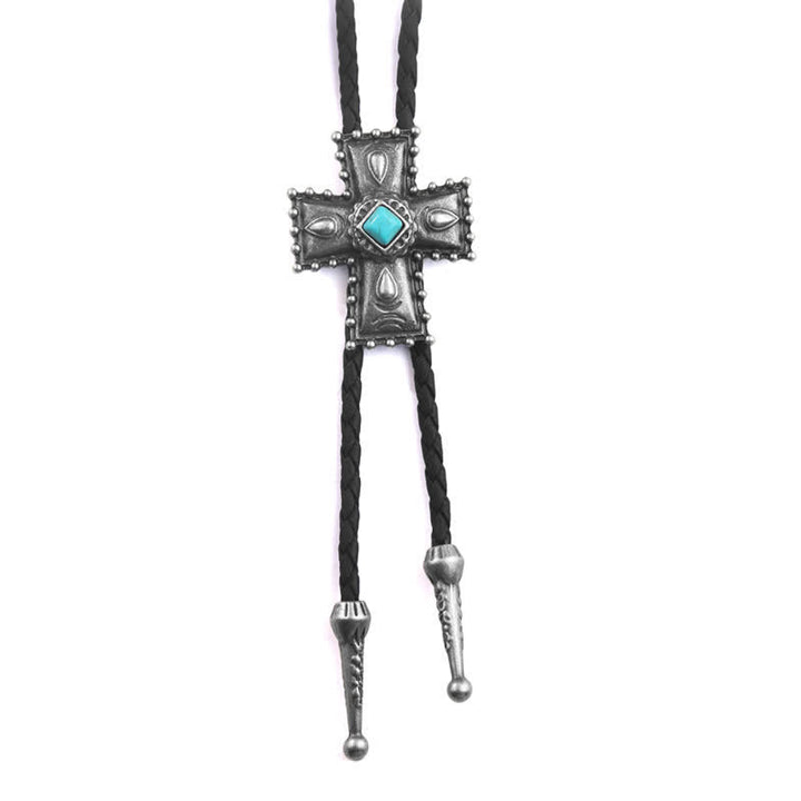 Cross Blue Artificial Stone Bolo Tie - Antique Silver & Black - image 6