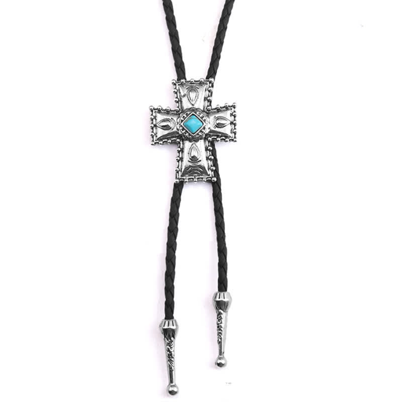 Cross Blue Artificial Stone Bolo Tie - Silver & Black - image 3