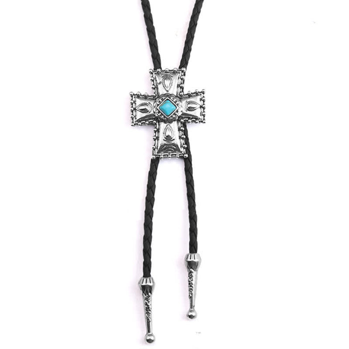Cross Blue Artificial Stone Bolo Tie - Silver & Black - image 3