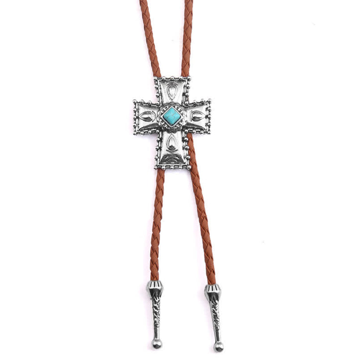 Cross Blue Artificial Stone Bolo Tie - Silver & Brown - image 1