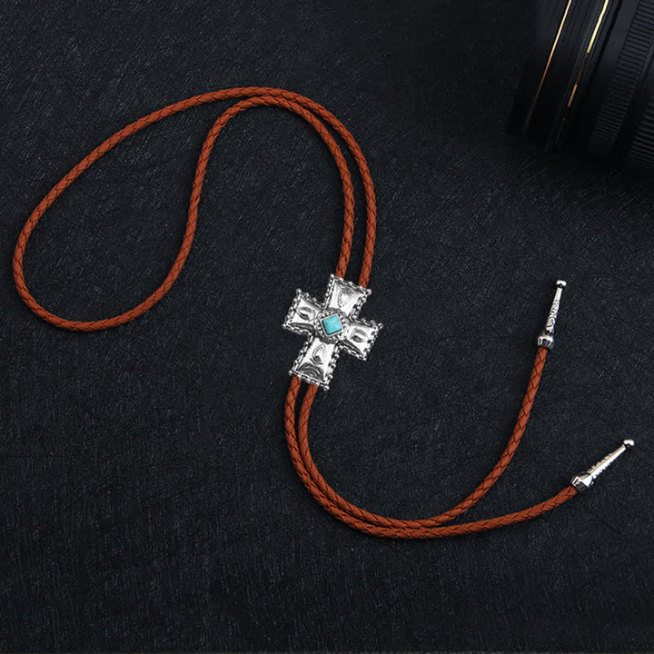 Cross Blue Artificial Stone Bolo Tie - image 2