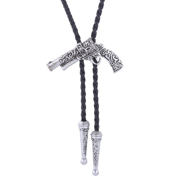 Rodeo Carved Gun Pistol Pendant Bolo Tie - Antique Silver - image 4