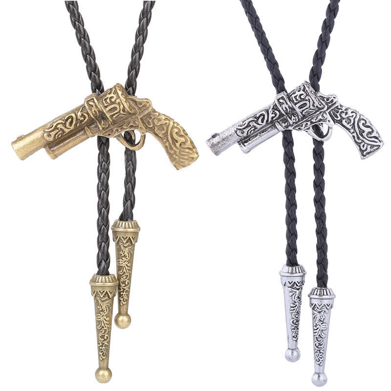 Rodeo Carved Gun Pistol Pendant Bolo Tie - image 1