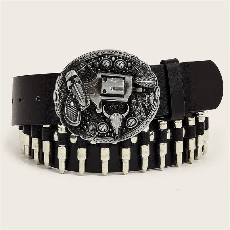 3d Gun Printed Pattern Buckle Bullets Rivets Leather Belt - Silver - 36 - image 7