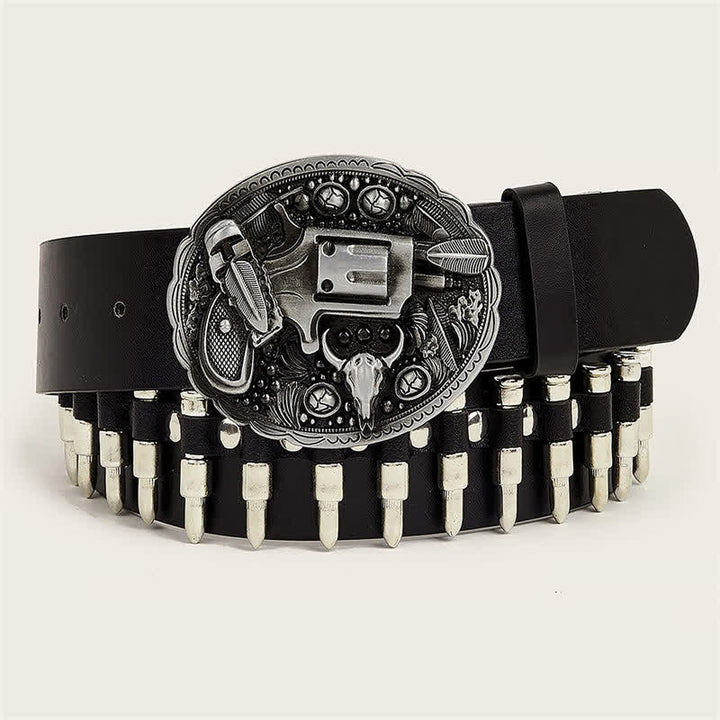 3d Gun Printed Pattern Buckle Bullets Rivets Leather Belt - Silver - 36 - image 7