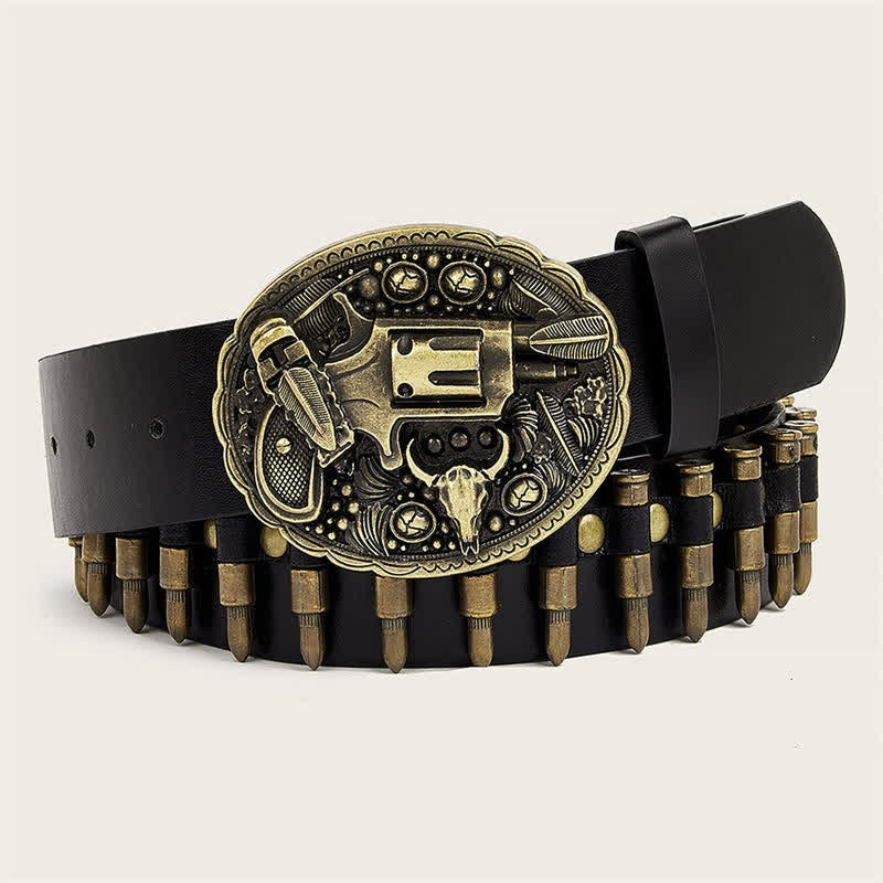 3d Gun Printed Pattern Buckle Bullets Rivets Leather Belt - Bronze - 36 - image 0
