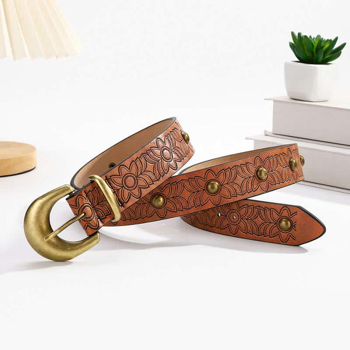 Elegant Flower Printed Bronze Rivet Leather Belt - image 1