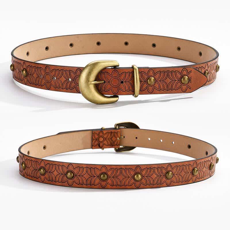 Elegant Flower Printed Bronze Rivet Leather Belt - image 2