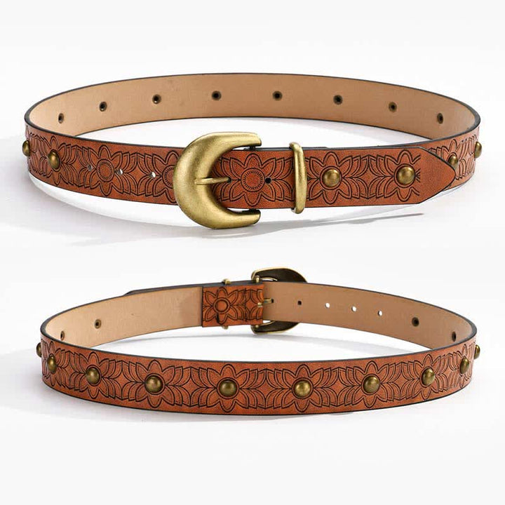 Elegant Flower Printed Bronze Rivet Leather Belt - image 2