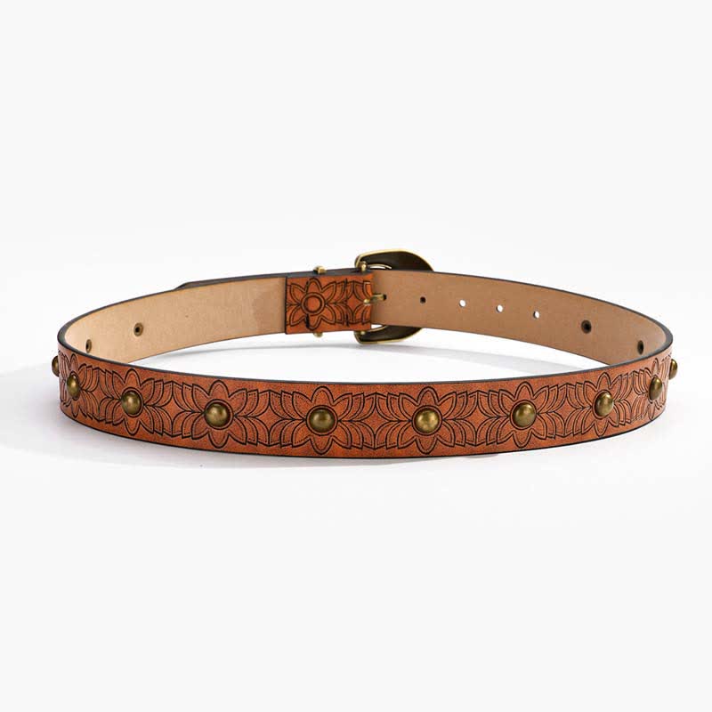 Elegant Flower Printed Bronze Rivet Leather Belt - image 4