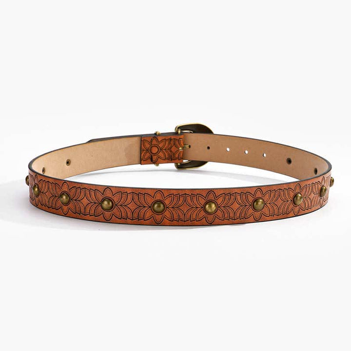 Elegant Flower Printed Bronze Rivet Leather Belt - image 4