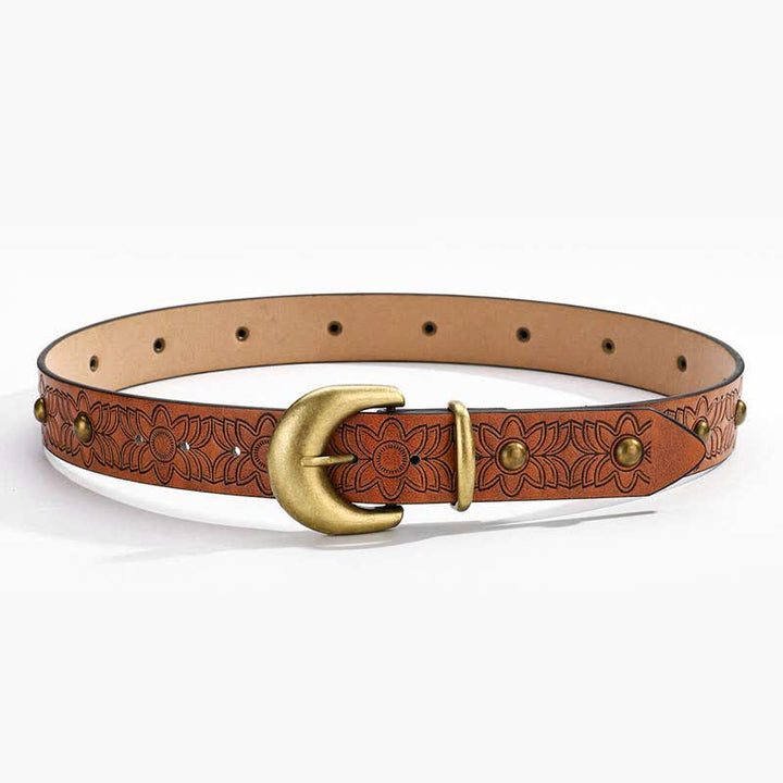 Elegant Flower Printed Bronze Rivet Leather Belt - image 3