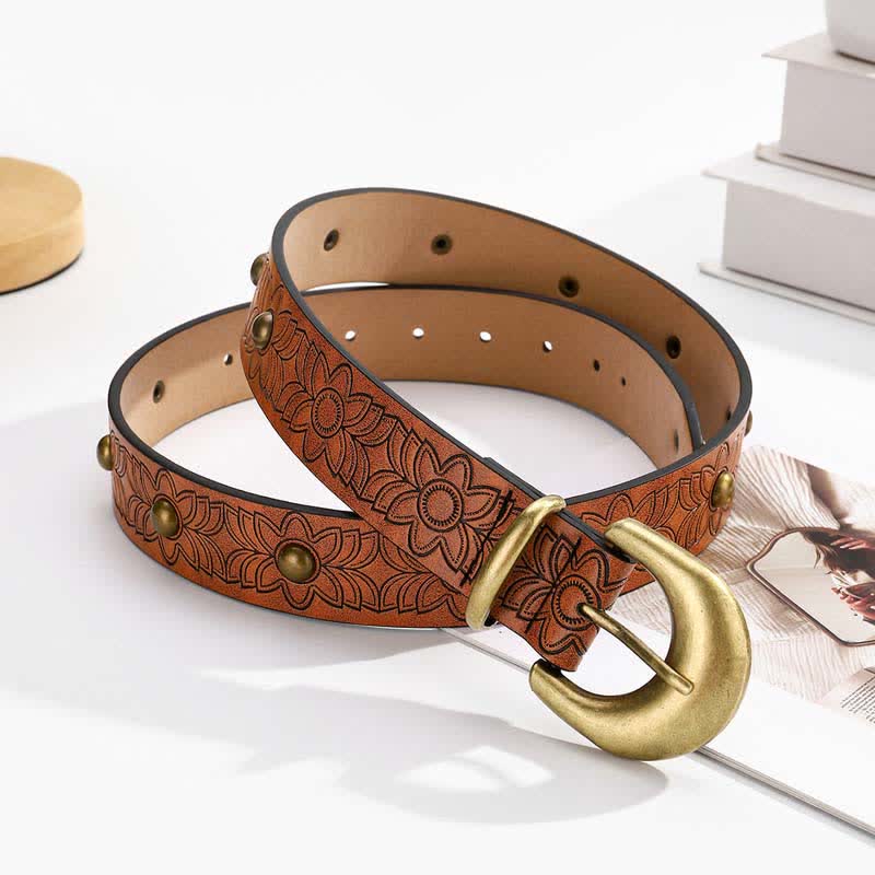 Elegant Flower Printed Bronze Rivet Leather Belt - Brown - 38 - image 0