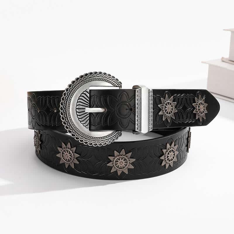 Star Rivet Inlaid Retro Floral Pattern Leather Belt - Black - 38 - image 2