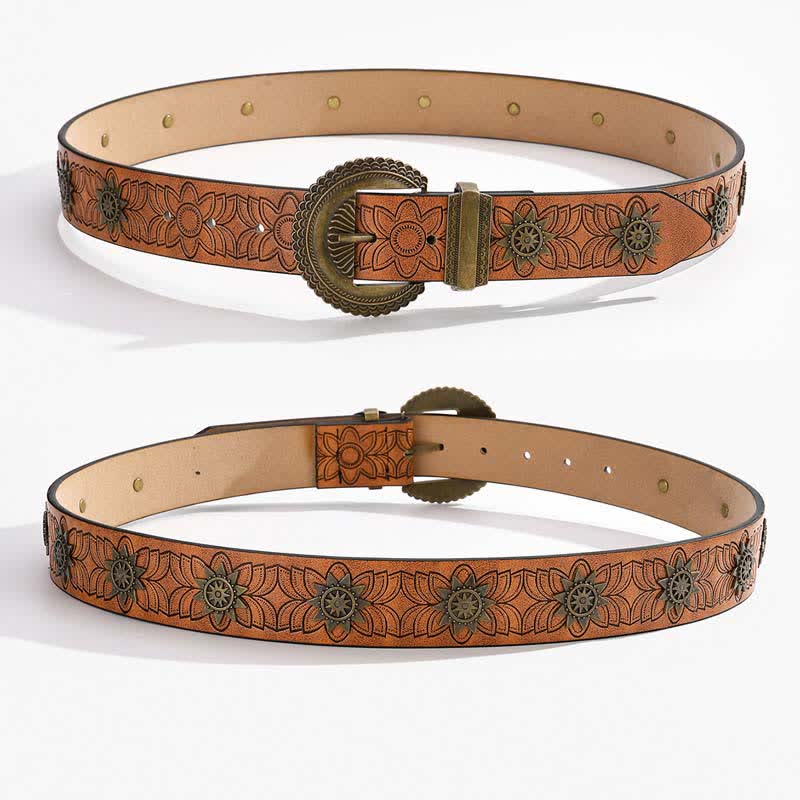 Star Rivet Inlaid Retro Floral Pattern Leather Belt - image 1