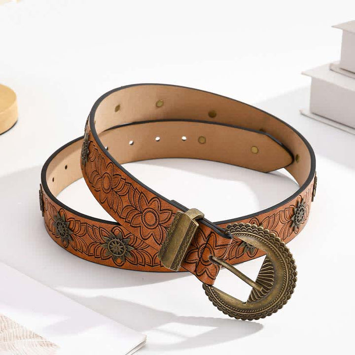 Star Rivet Inlaid Retro Floral Pattern Leather Belt - Brown - 38 - image 0
