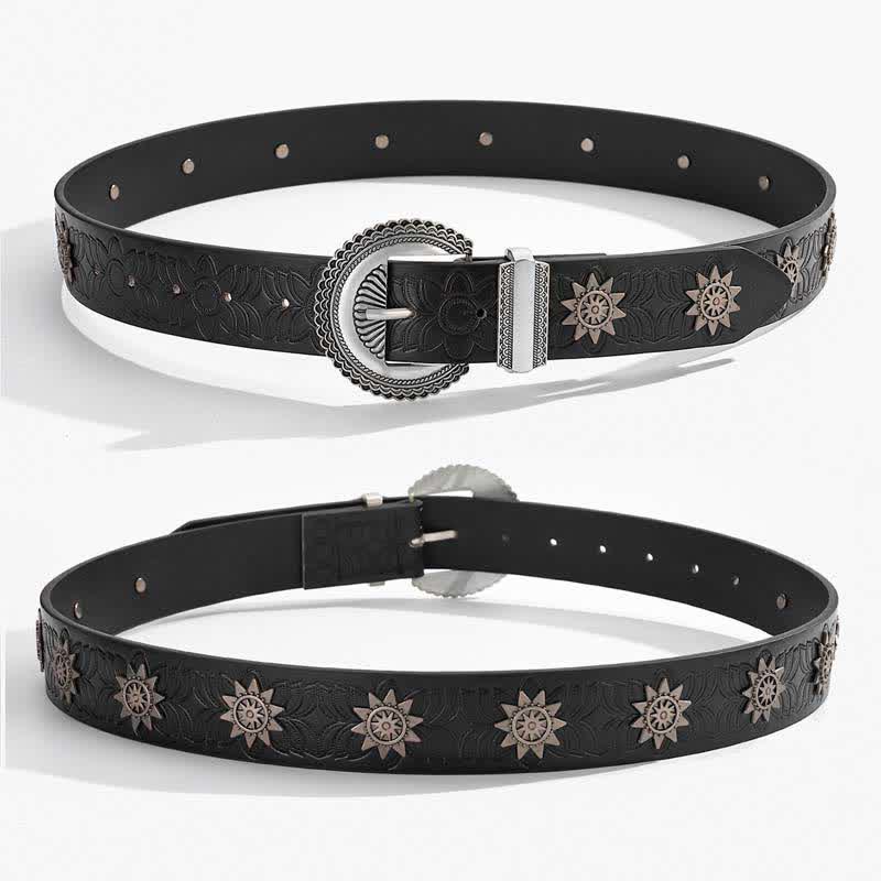 Star Rivet Inlaid Retro Floral Pattern Leather Belt - image 4