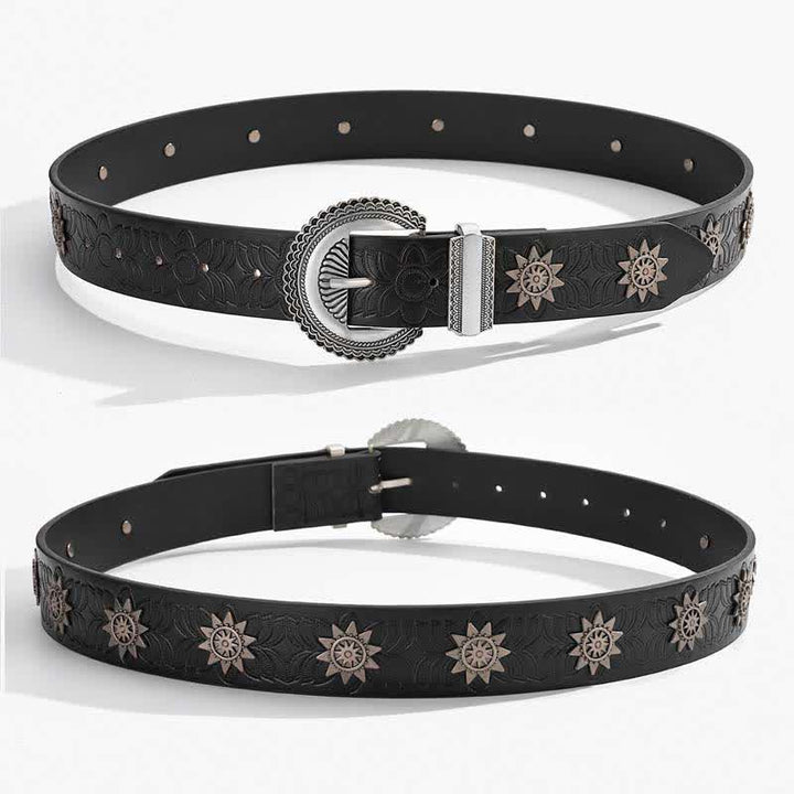 Star Rivet Inlaid Retro Floral Pattern Leather Belt - image 4