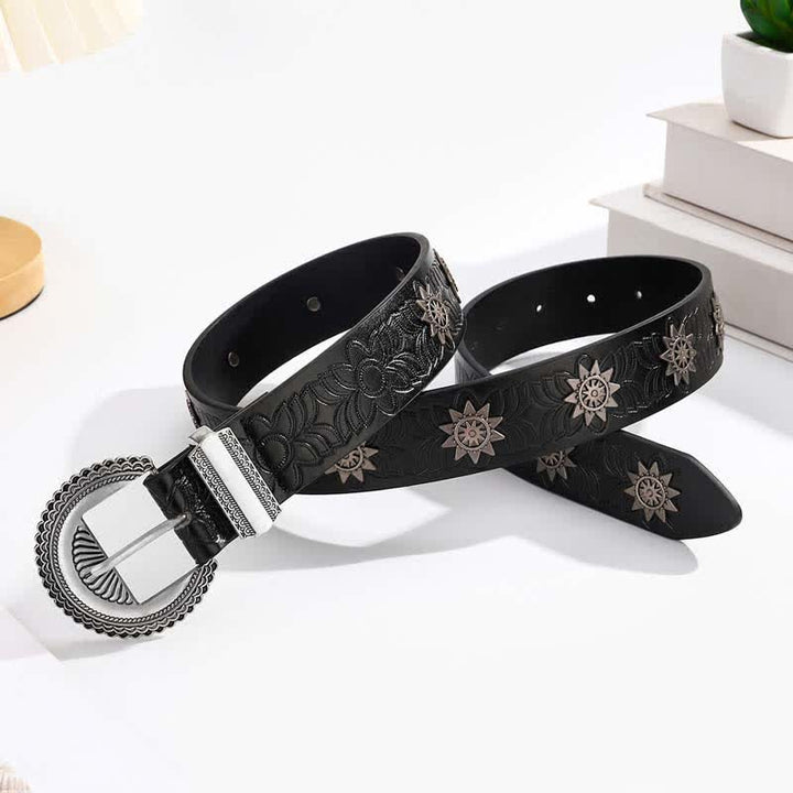 Star Rivet Inlaid Retro Floral Pattern Leather Belt - image 3