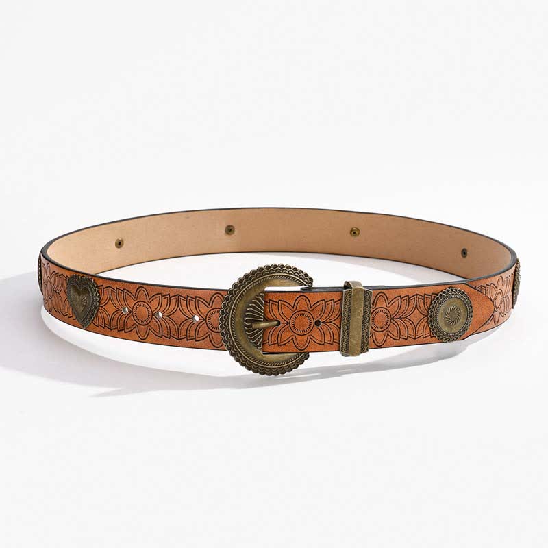 Round & Heart Rivets Inlaid Floral Print Leather Belt - image 1