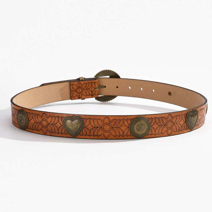 Round & Heart Rivets Inlaid Floral Print Leather Belt - image 2