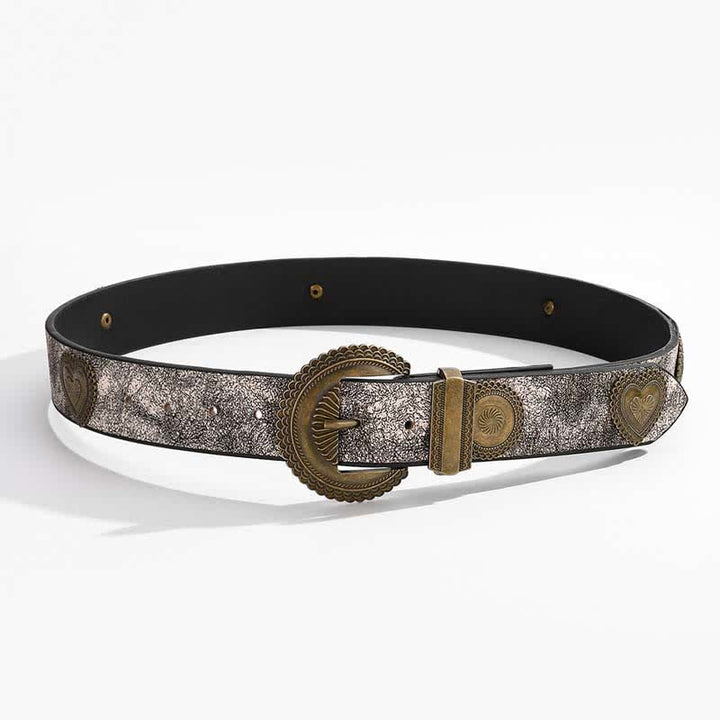 Round & Heart Rivets Inlaid Floral Print Leather Belt - image 5