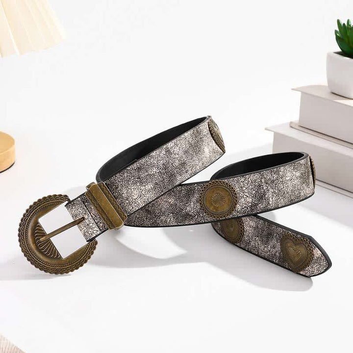 Round & Heart Rivets Inlaid Floral Print Leather Belt - Gray - 38 - image 4