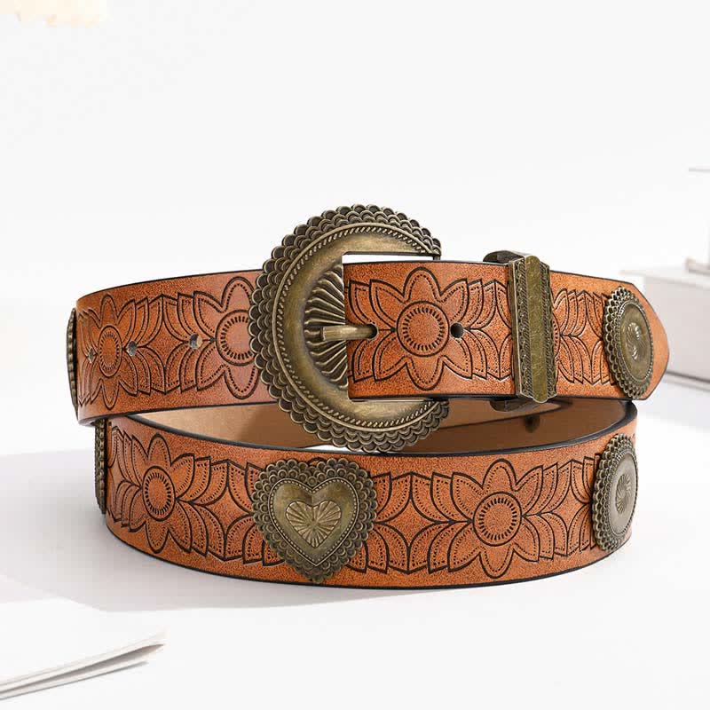 Round & Heart Rivets Inlaid Floral Print Leather Belt - Brown - 38 - image 0