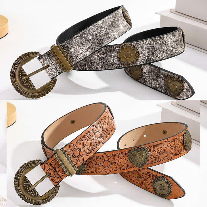 Round & Heart Rivets Inlaid Floral Print Leather Belt - image 3