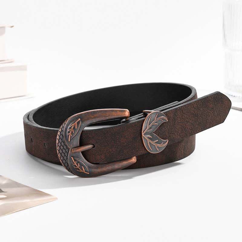 Vintage Versatile Slim Leaves Buckle Leather Belt - Dark Brown - 34 - image 0