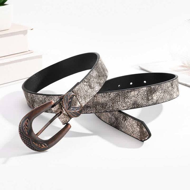 Vintage Versatile Slim Leaves Buckle Leather Belt - Gray - 34 - image 6
