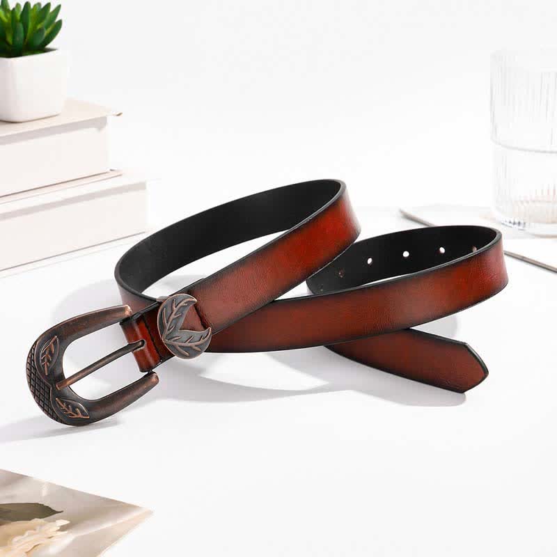 Vintage Versatile Slim Leaves Buckle Leather Belt - Brown - 34 - image 4