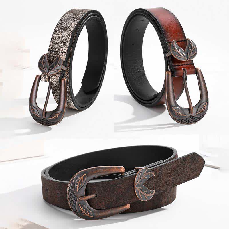 Vintage Versatile Slim Leaves Buckle Leather Belt - image 1
