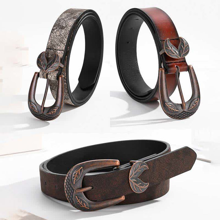 Vintage Versatile Slim Leaves Buckle Leather Belt - image 1