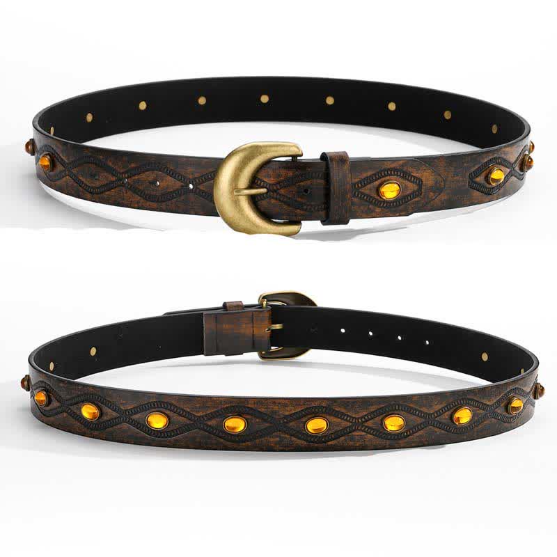 Dark Coffee Bright Gemstone Rivets Leather Belt - image 4