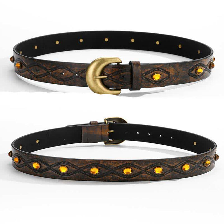 Dark Coffee Bright Gemstone Rivets Leather Belt - image 4
