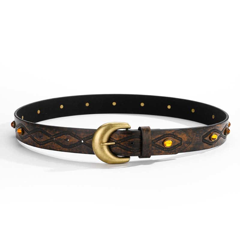 Dark Coffee Bright Gemstone Rivets Leather Belt - image 2
